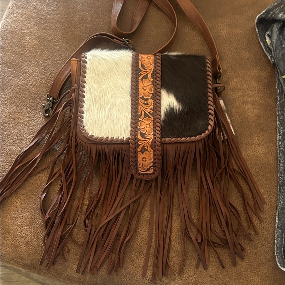 American Darling Brown Leather Fringe Crossbody with Black and White Cowhide